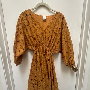 Boho Eyelet Midi Dress in Mustard Brown